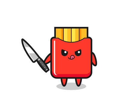 cute french fries mascot as a psychopath holding a knife , cute style design for t shirt, sticker, logo elementのイラスト素材