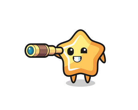 cute star character is holding an old telescope , cute style design for t shirt, sticker, logo elementのイラスト素材