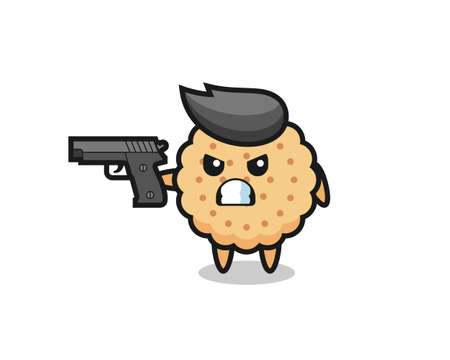 the cute round biscuits character shoot with a gun , cute style design for t shirt, sticker, logo elementのイラスト素材