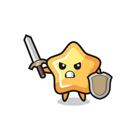 cute star soldier fighting with sword and shield , cute style design for t shirt, sticker, logo elementのイラスト素材
