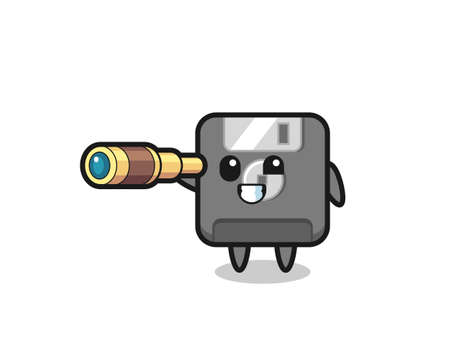 cute floppy disk character is holding an old telescope , cute style design for t shirt, sticker,  elementのイラスト素材