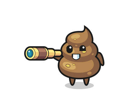 cute poop character is holding an old telescope , cute style design for t shirt, sticker,  elementのイラスト素材