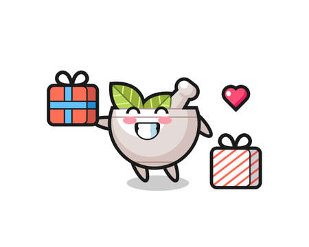 herbal bowl mascot cartoon giving the gift , cute style design for t shirt, sticker, logo elementのイラスト素材
