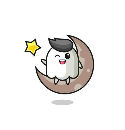 illustration of ghost cartoon sitting on the half moon , cute style design for t shirt, sticker, logo elementのイラスト素材