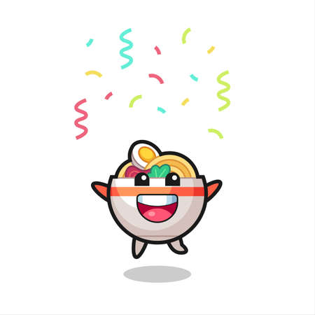happy noodle bowl mascot jumping for congratulation with colour confettiのイラスト素材