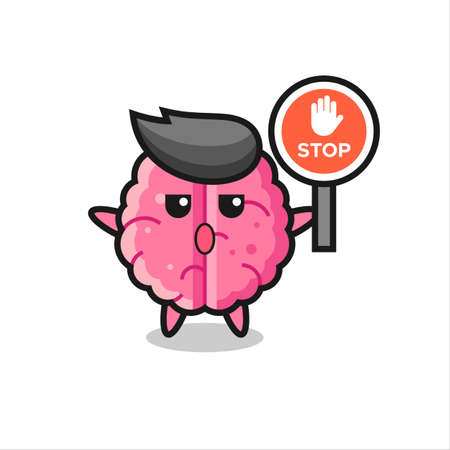 brain character illustration holding a stop sign , cute style design for t shirt, sticker, logo elementのイラスト素材