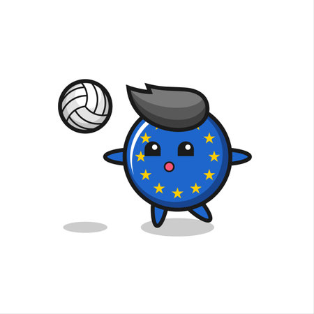 Character cartoon of europe flag badge is playing volleyball , cute style design for t shirt, sticker, logo elementのイラスト素材