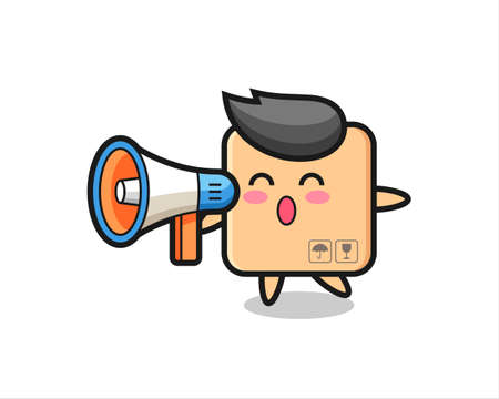cardboard box character illustration holding a megaphone , cute style design for t shirt, sticker, logo elementのイラスト素材