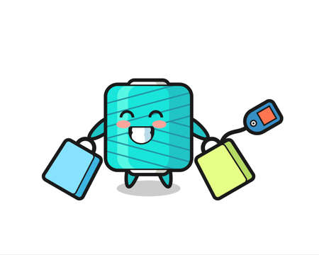 yarn spool mascot cartoon holding a shopping bag , cute style design for t shirt, sticker, logo elementのイラスト素材