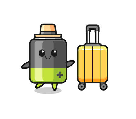 battery cartoon illustration with luggage on vacation , cute style design for t shirt, sticker, logo elementのイラスト素材
