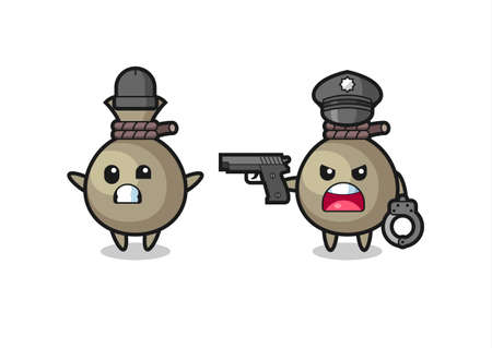 illustration of money sack robber with hands up pose caught by police , cute style design for t shirt, sticker, logo elementのイラスト素材