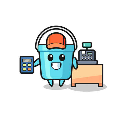 Illustration of plastic bucket character as a cashier , cute style design for t shirt, sticker, logo elementのイラスト素材
