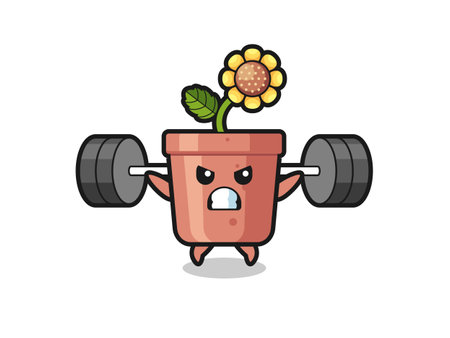 sunflower pot mascot cartoon with a barbell , cute style design for t shirt, sticker, logo elementのイラスト素材