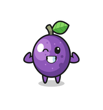 the muscular passion fruit character is posing showing his muscles , cute style design for t shirt, sticker, logo elementのイラスト素材