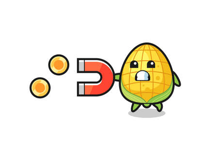 the character of corn hold a magnet to catch the gold coins , cute style design for t shirt, sticker, logo elementのイラスト素材