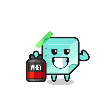 the muscular blue sticky notes character is holding a protein supplement , cute style design for t shirt, sticker, logo elementのイラスト素材