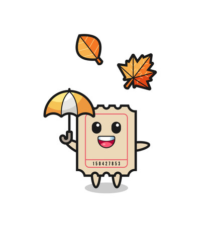 cartoon of the cute ticket holding an umbrella in autumn , cute style design for t shirt, sticker, logo elementのイラスト素材