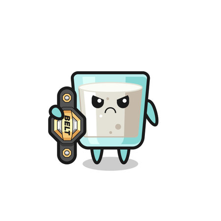 milk mascot character as a MMA fighter with the champion belt , cute style design for t shirt, sticker, logo elementのイラスト素材