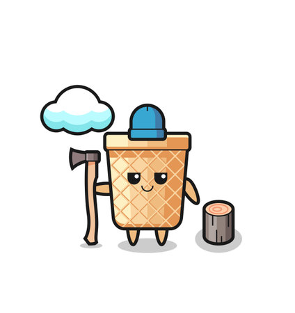 Character cartoon of waffle cone as a woodcutter , cute designのイラスト素材
