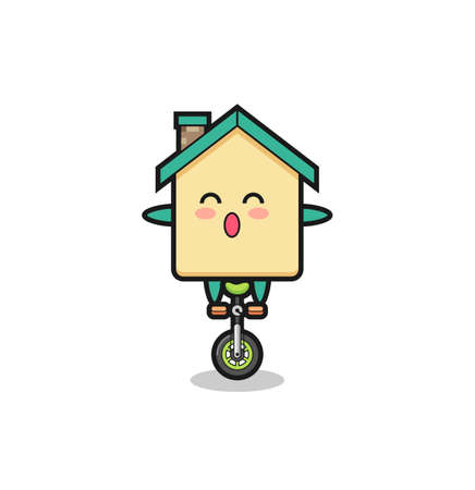 The cute house character is riding a circus bike , cute designのイラスト素材