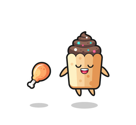 cute cupcake floating and tempted because of fried chicken , cute designのイラスト素材