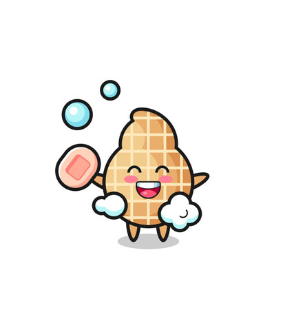 peanut character is bathing while holding soap , cute designのイラスト素材