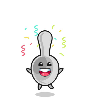 happy spoon mascot jumping for congratulation with colour confetti , cute designのイラスト素材