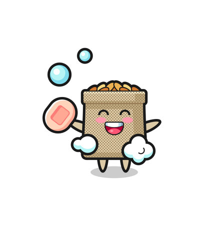 wheat sack character is bathing while holding soap , cute designのイラスト素材