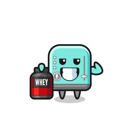 the muscular toaster character is holding a protein supplement , cute designのイラスト素材