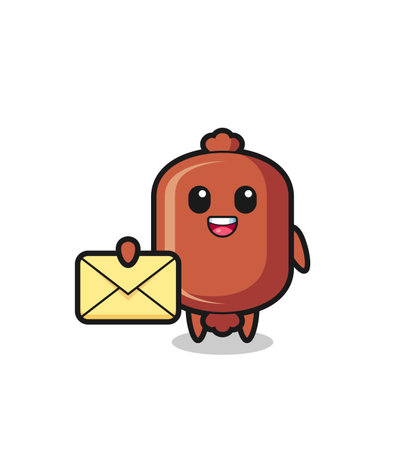 cartoon illustration of sausage holding a yellow letter , cute designのイラスト素材