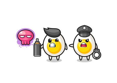 boiled egg cartoon doing vandalism and caught by the police , cute designのイラスト素材