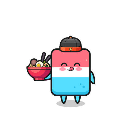 eraser as Chinese chef mascot holding a noodle bowl , cute designのイラスト素材