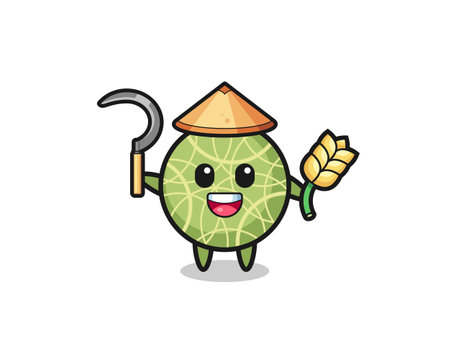 melon Asian farmer holding paddy , cute designのイラスト素材