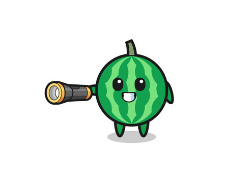 watermelon mascot holding flashlight , cute designのイラスト素材