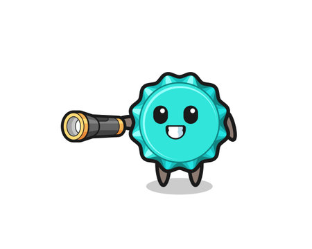 bottle cap mascot holding flashlight , cute designのイラスト素材