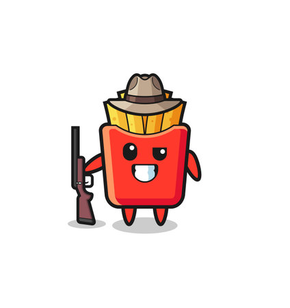 french fries hunter mascot holding a gun , cute designのイラスト素材