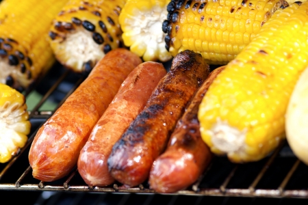 Delicious Grilled Corn And Sausages Outdoorsの写真素材