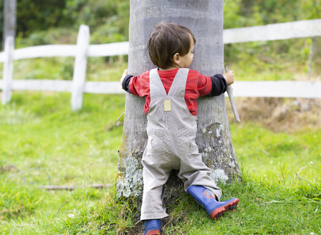 Little happy boy hugging a tree, enjoying the treeの写真素材
