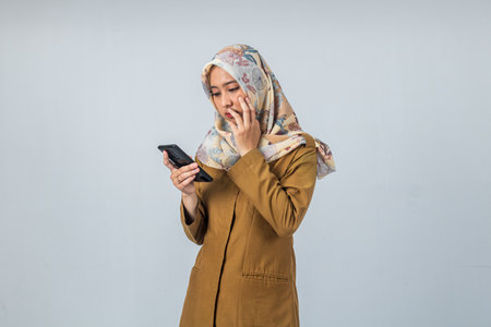 Young Indonesian Woman government employee wearing a brown uniform while holding a mobile phoneの写真素材