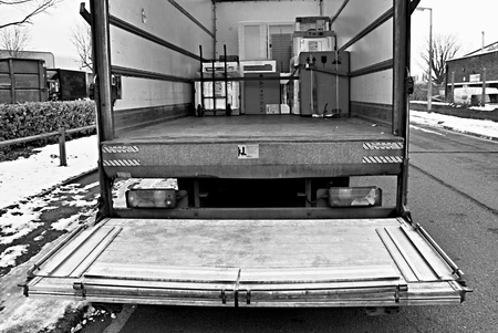lorries parked up outside a company's car parking areaの写真素材
