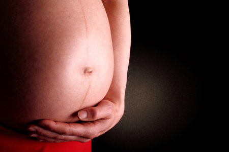 pregnant woman with hands on her belly stroking her baby with love and care stock photoの写真素材