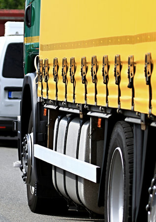 Close up of a semi-trailer truck on the road.の写真素材
