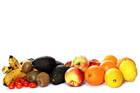 Fruits and vegetables isolated on white background. Healthy food concept.の写真素材