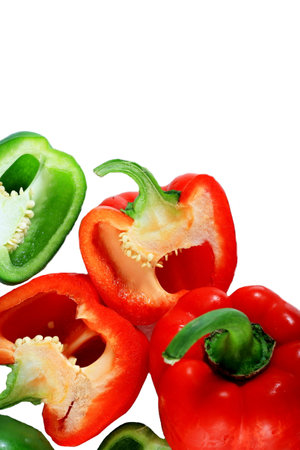 Red and green bell pepper isolated on white background with copy space.の写真素材