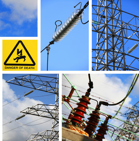 Collage of high voltage electricity pylons and power lines.の写真素材