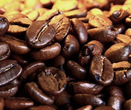 Coffee beans close up. Roasted coffee beans background.の写真素材