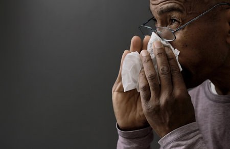 blowing nose after catching the cold and flu with grey background with people stock image stock photoの写真素材