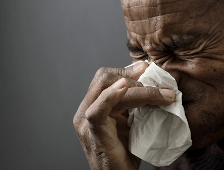 blowing nose after catching the cold and flu with grey background with people stock image stock photoの写真素材