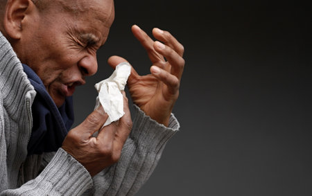 cold and flu blowing nose after catching the flu with grey black background with people stock image stock photoの写真素材