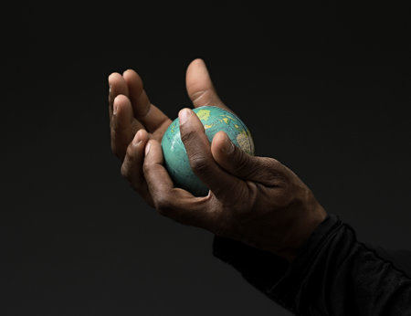 Hands of an African-American man holding a world globe.